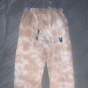Playboy x Missguided peach & white tie dye cuffed sweatpants